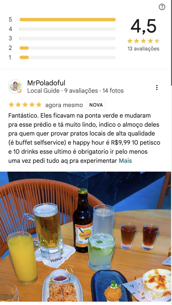 Nota 4,5 com 13 avaliações no Google